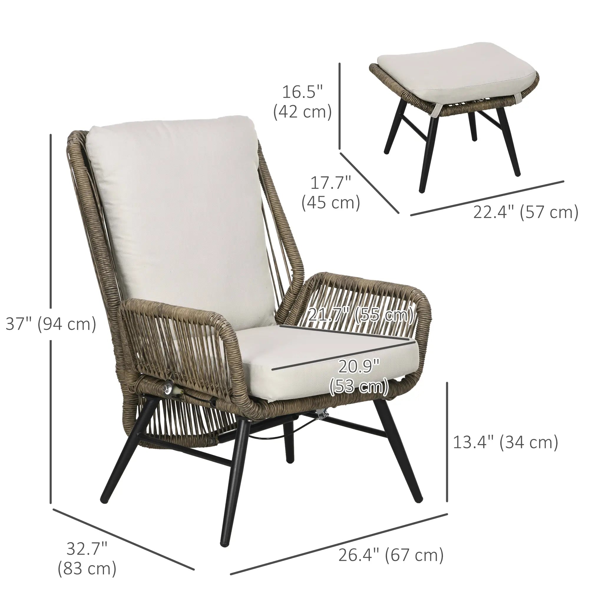 2 Pcs PE Rattan Leisure Chair Set, Outdoor Reclining Patio Chair with Footrest, Adjustable Backrest, Cushion, Khaki Patio Chairs at Gallery Canada