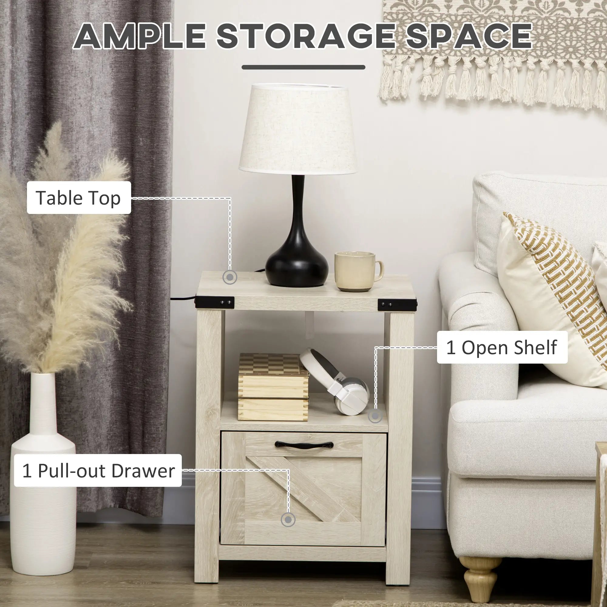Farmhouse Side Table with Drawer, Open Shelf, Oak, 24.8x17.7x23.6 Side Tables at Gallery Canada
