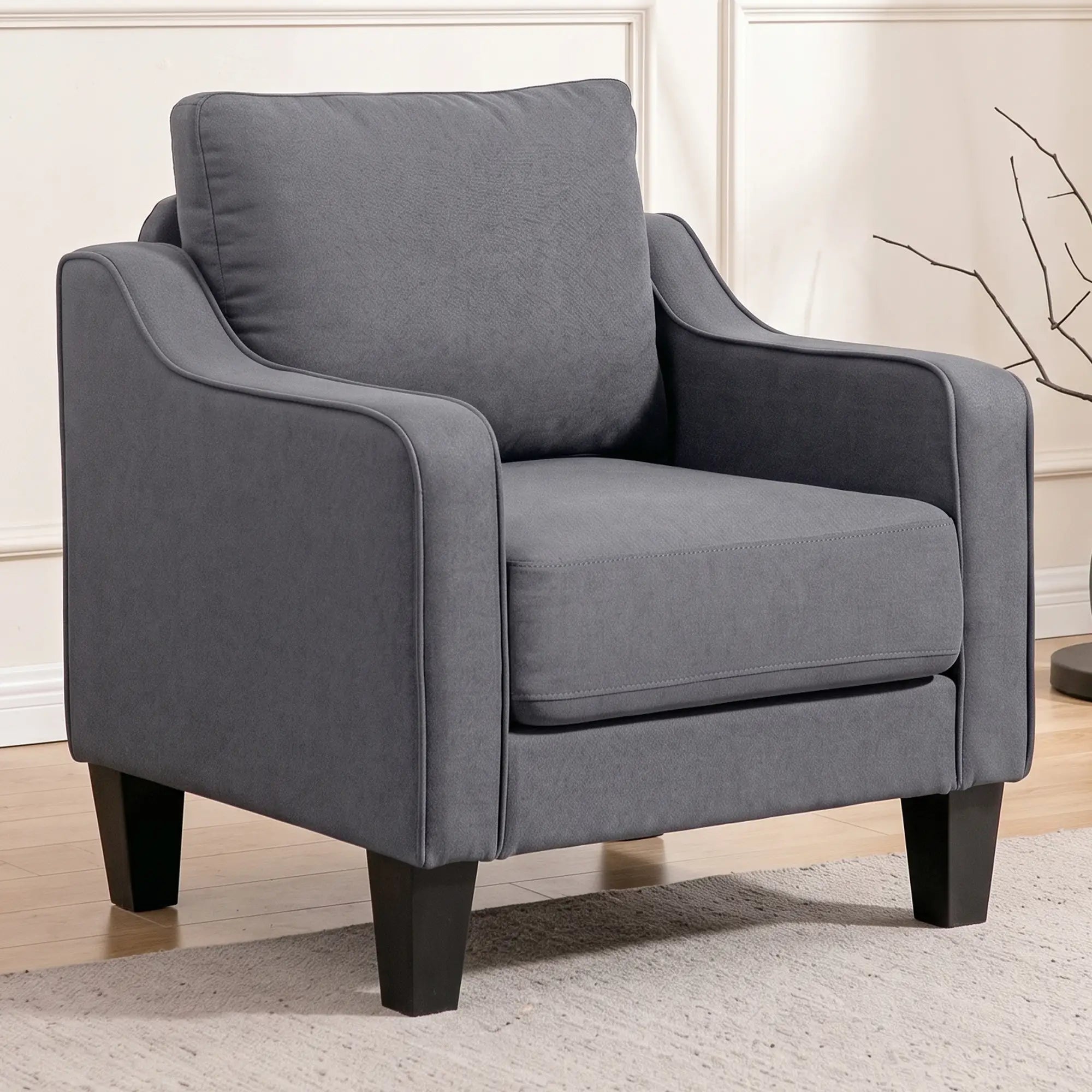 Modern Accent Armchair, Pocket Spring, Linen Upholstered, Thick Padded, Charcoal Grey Accent Chairs at Gallery Canada