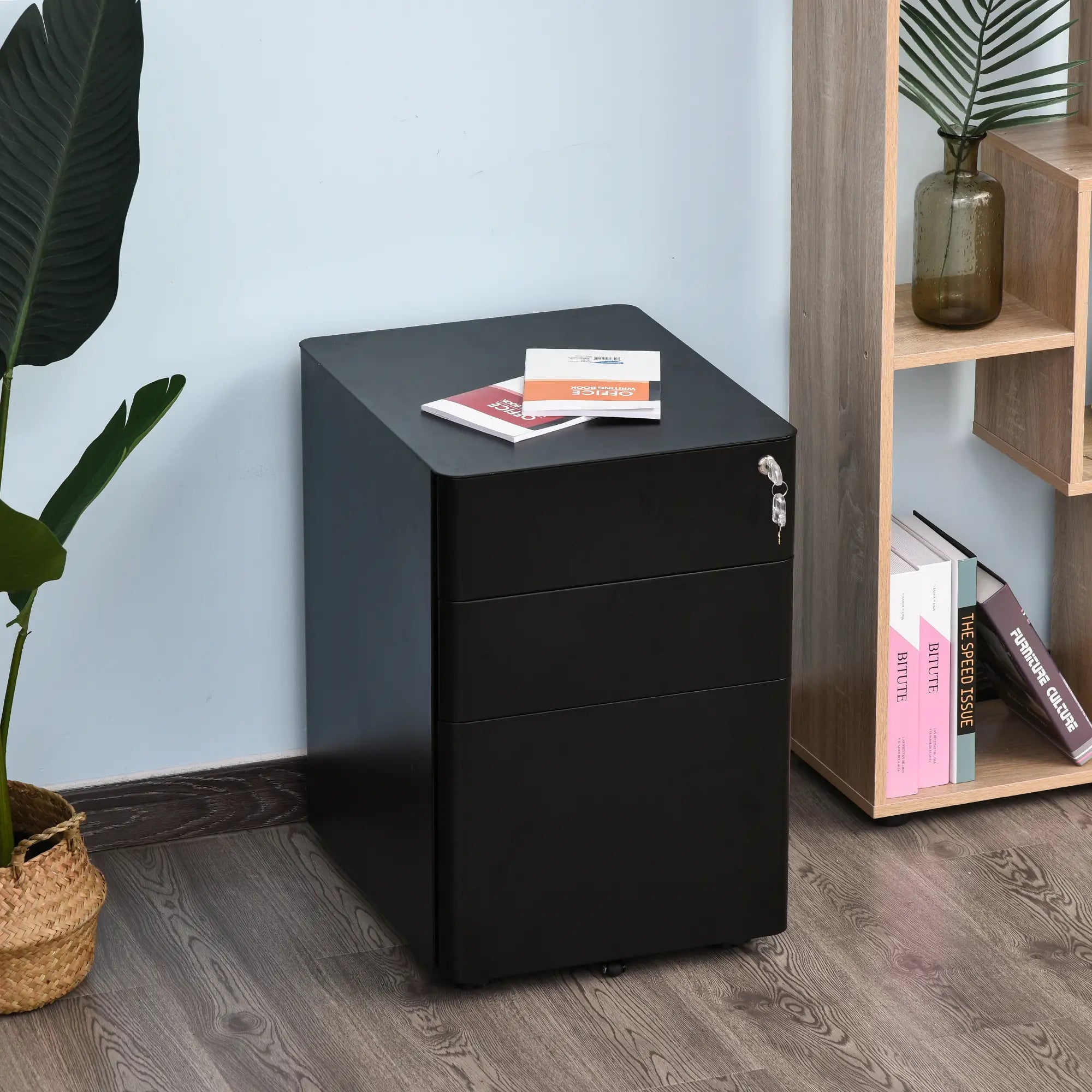 3 Drawer Metal Filing Cabinet, Mobile with Wheels, Black Office Cabinets & Cupboards at Gallery Canada