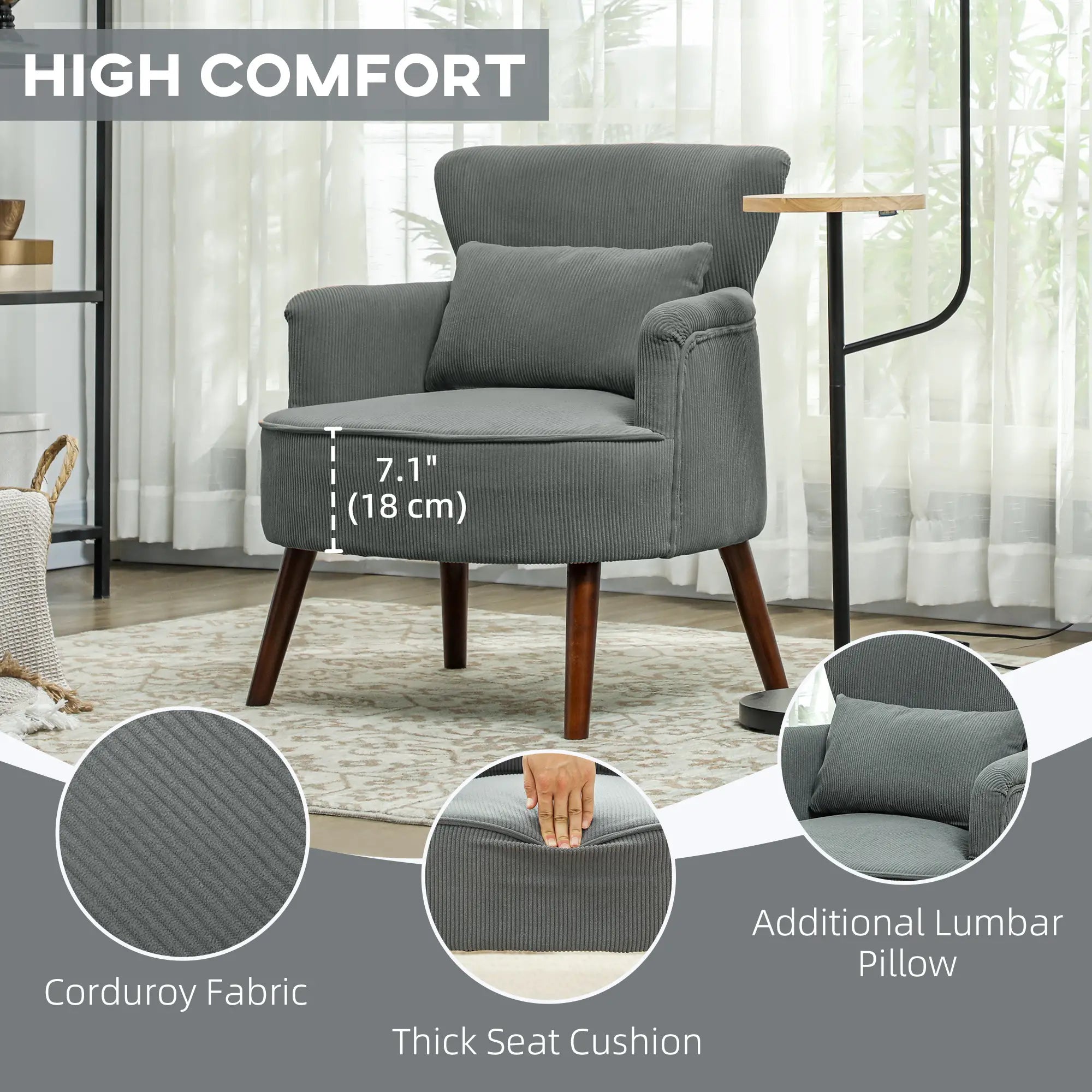Modern Accent Chair, Upholstered Armchair, Solid Wood Legs, Lumbar Pillow, Grey Accent Chairs at Gallery Canada