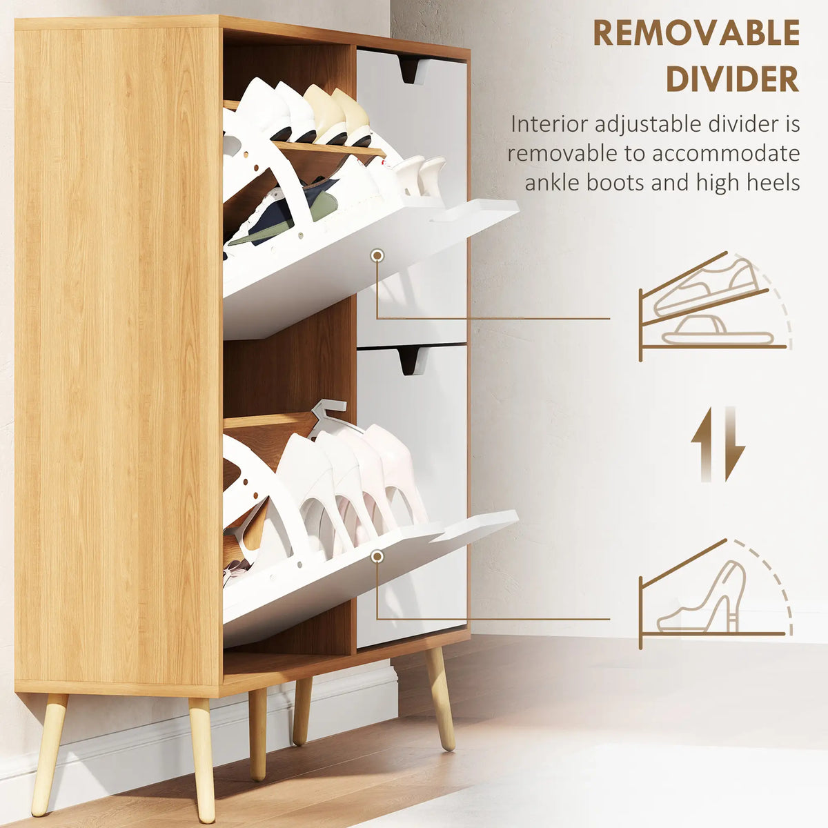 Shoe Storage Cabinet, 4 Flip Drawers, Adjustable Shelf, Holds 8-16 Pairs, Natural Shoe Storage Cabinets & Racks at Gallery Canada