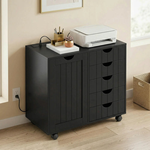 Mobile Lateral Filing Cabinet with 5 Drawers, Printer Stand, Black