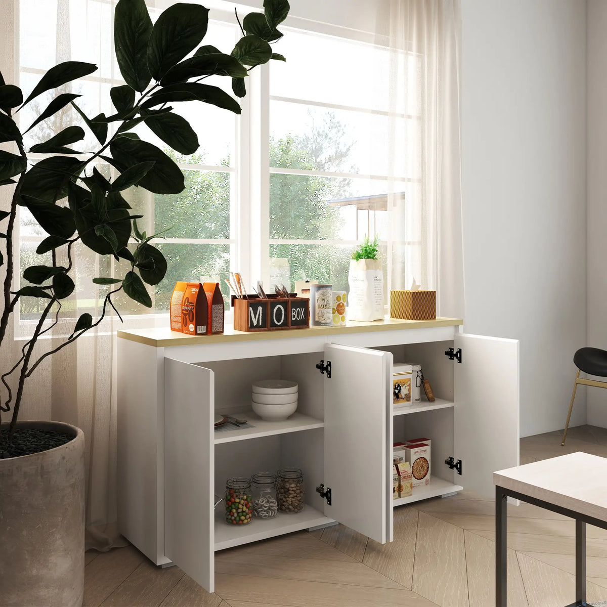 Sideboard Cabinet, Buffet Table, 2 Double Doors, Adjustable Shelves, White Bar Cabinets at Gallery Canada
