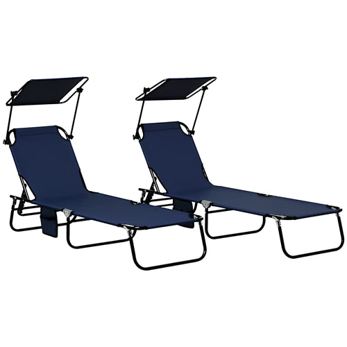 2 Piece Folding Chaise Lounges, Reclining Back, Sunshade, Blue