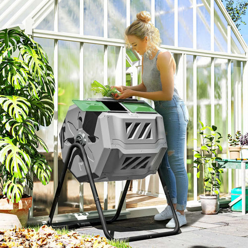 Dual Chamber 43 Gallon Compost Bin, 360 Rotating, Dark Green