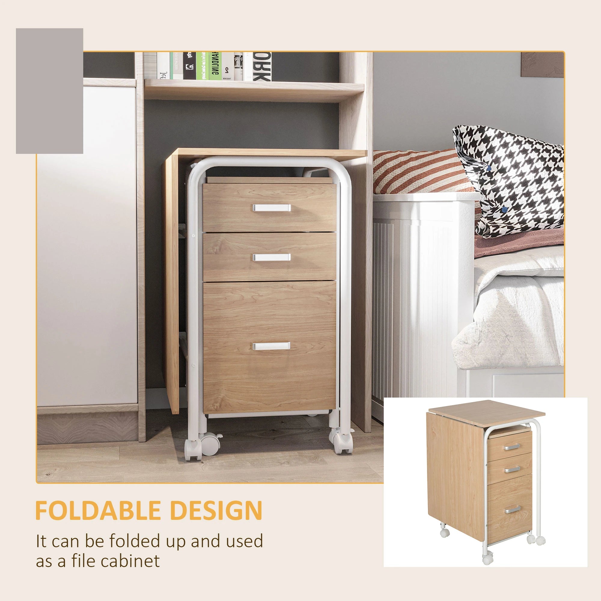 Foldable Computer Desk with Drawers, 6 Wheels, Natural Writing Desks at Gallery Canada