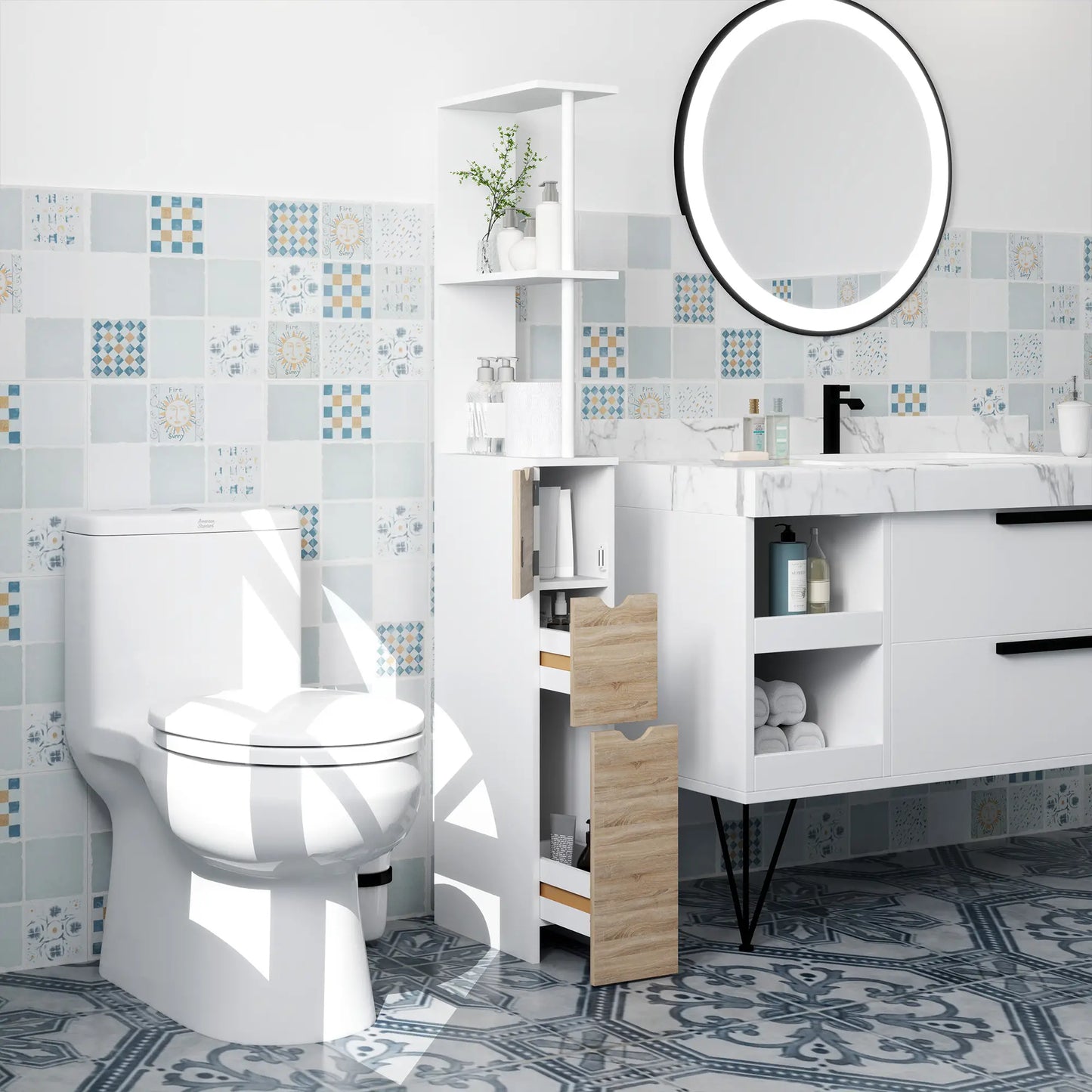 Tall Bathroom Storage Cabinet, Narrow Bathroom Cabinet with Drawers and Open Shelves for Small Spaces, Natural Wood Freestanding Bathroom Cabinets at Gallery Canada