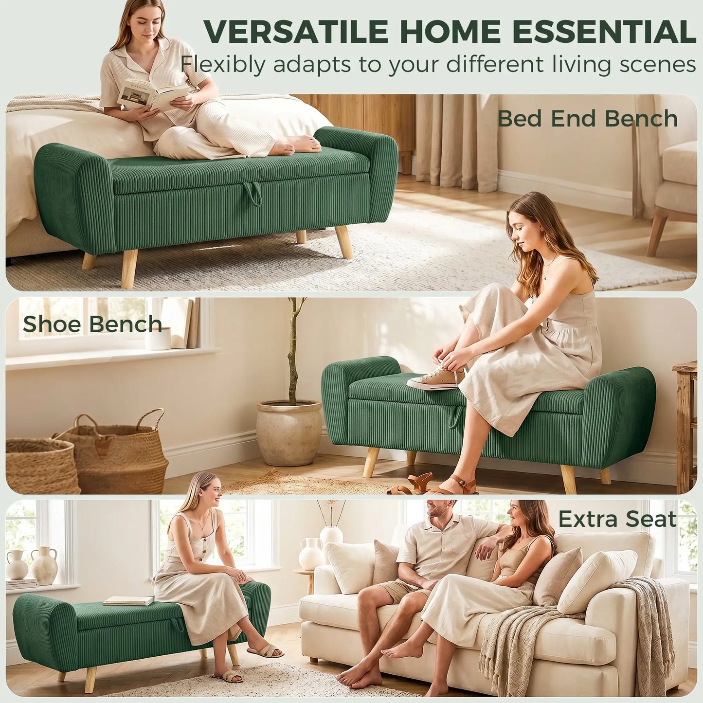 Storage Ottoman, 59" Corduroy Bed Bench, Dark Green Storage Ottomans & Benches at Gallery Canada