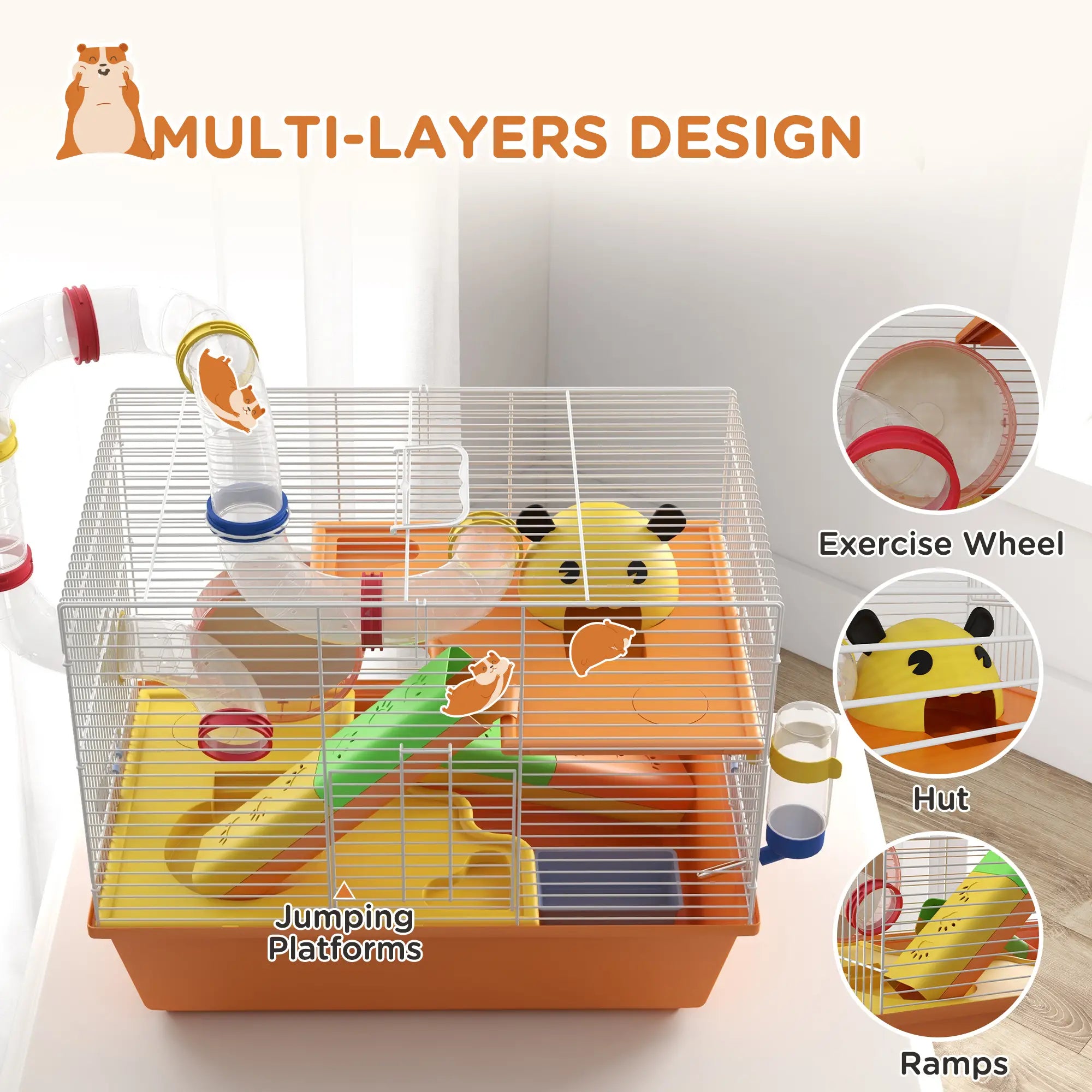 3 Tier Hamster Cage, Tunnels, Water Bottle, Exercise Wheel, 18