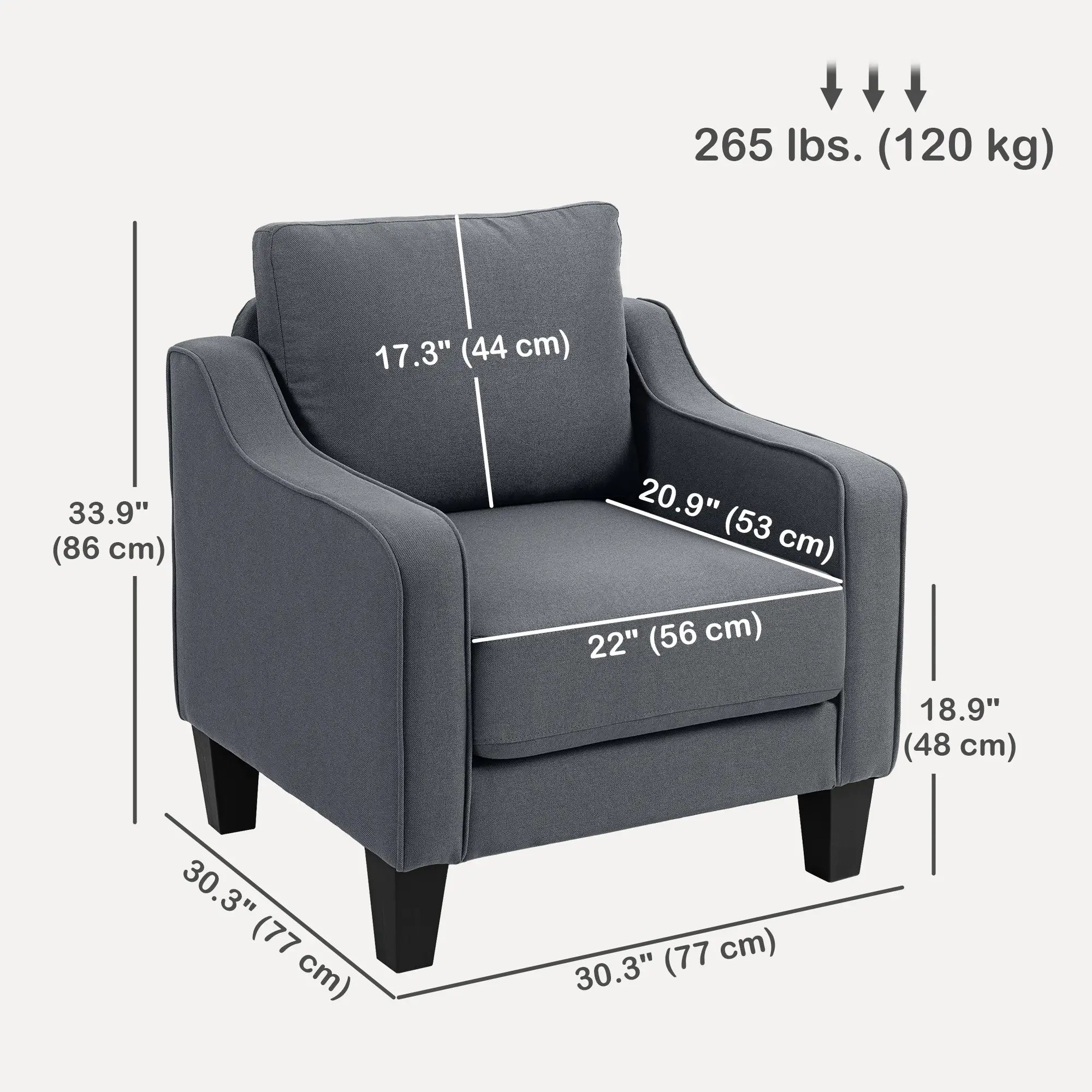 Modern Accent Armchair, Pocket Spring, Linen Upholstered, Thick Padded, Charcoal Grey Accent Chairs at Gallery Canada
