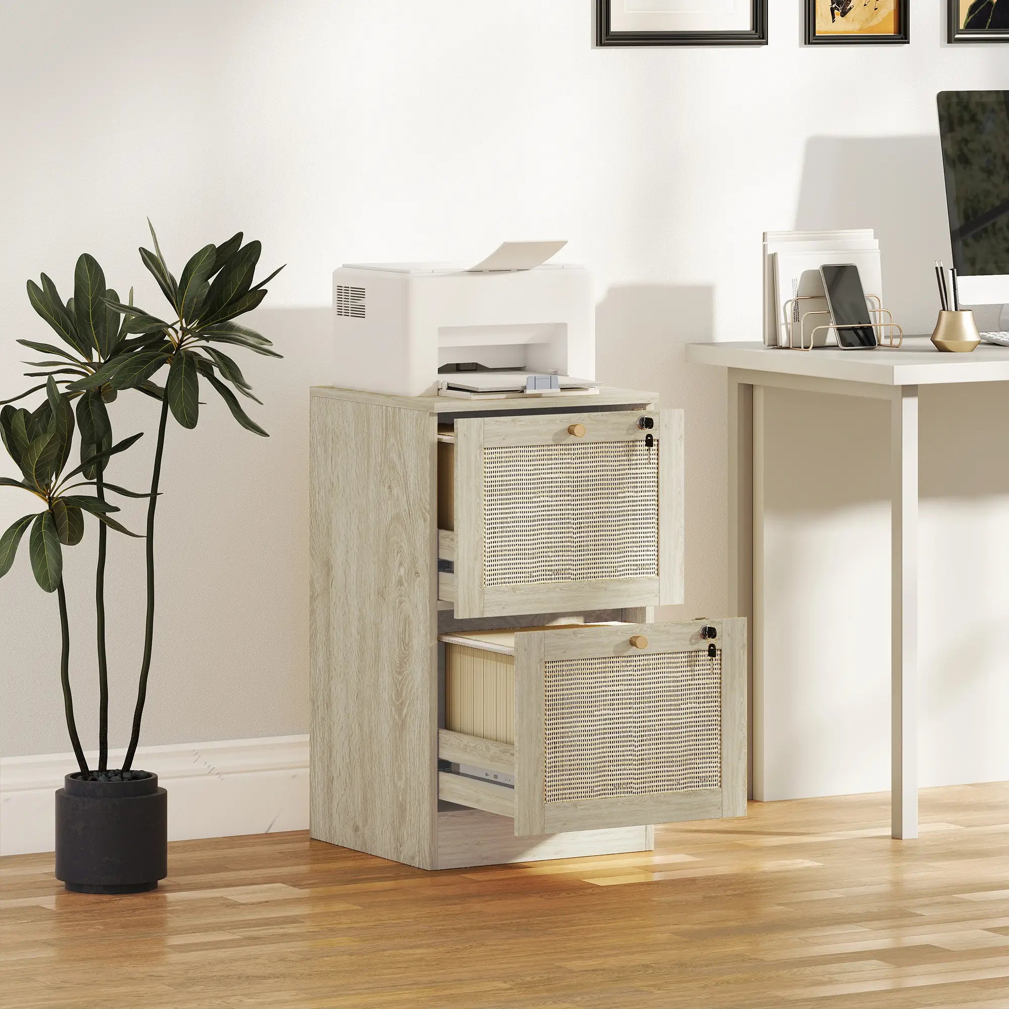 2 Drawer Filing Cabinet with Lock, Boho Style, A4 Letter Size, Oak Office Cabinets & Cupboards at Gallery Canada