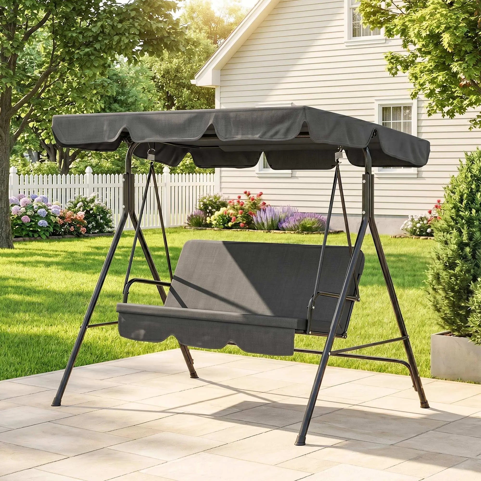 3-Seater Outdoor Porch Swing With Canopy, Black Patio Swings with Stand at Gallery Canada