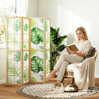 4 Panel Folding Privacy Screen, 67" Palm Leaf Design, Natural Green, Green Room Dividers at Gallery Canada