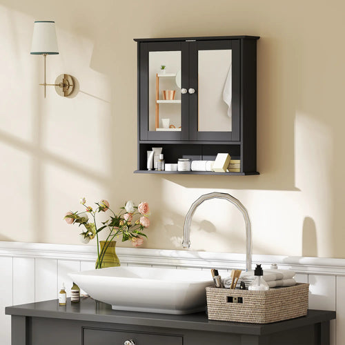 Wall-Mounted Medicine Cabinet, Double Doors, Open Shelf, Adjustable, Black