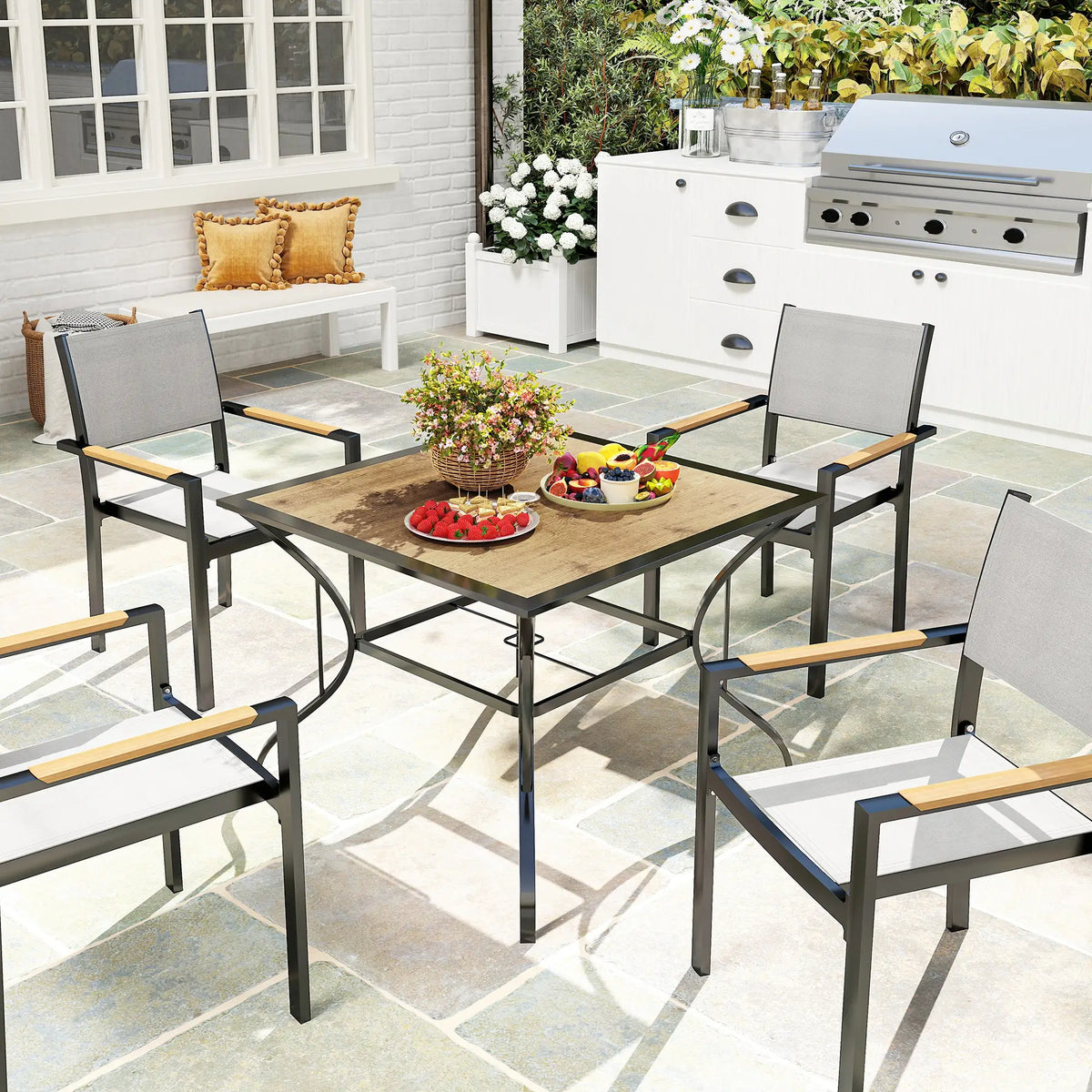 37" Garden Dining Table For 4, Square Patio Table With Umbrella Hole, Brown Patio Side Tables at Gallery Canada