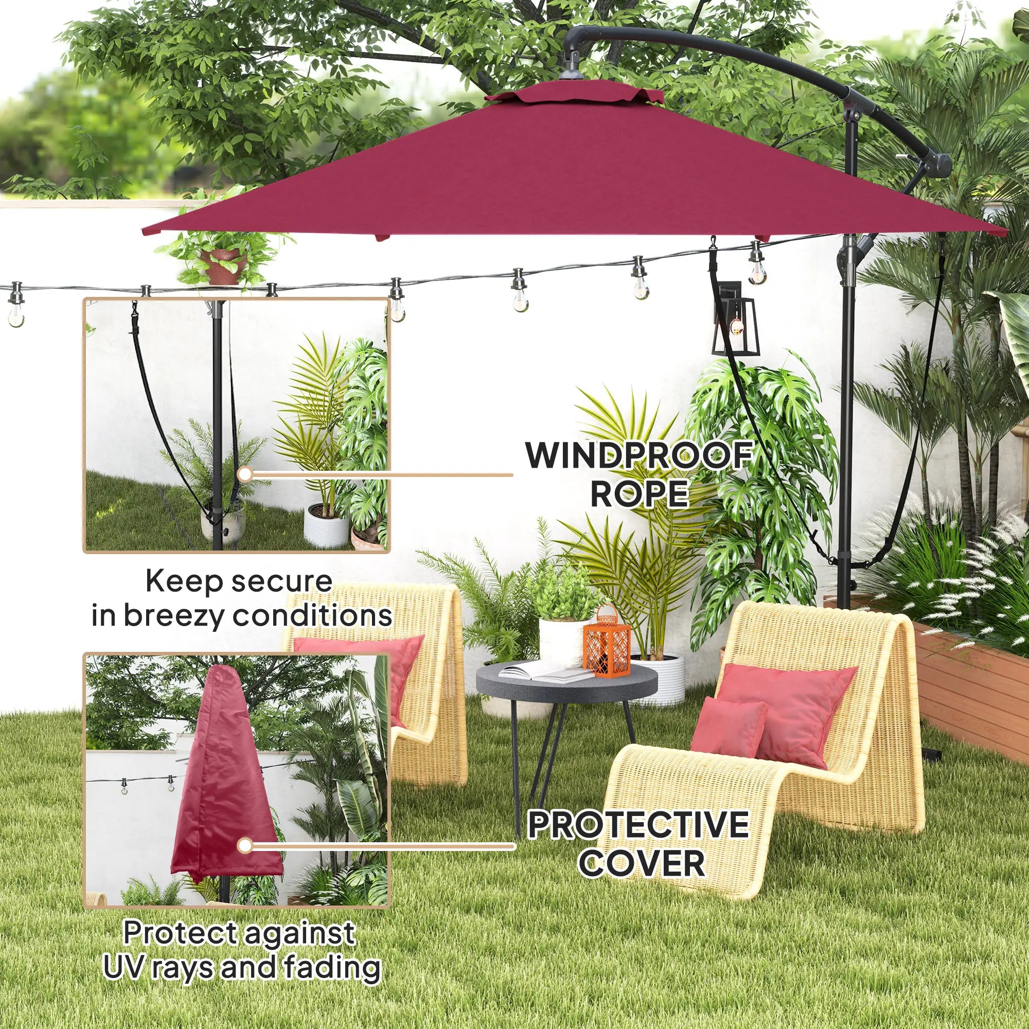 9.5' Cantilever Umbrella, Wind Protection, Crank, Cross Base, UPF 50+, Red Offset Cantilever Umbrellas at Gallery Canada