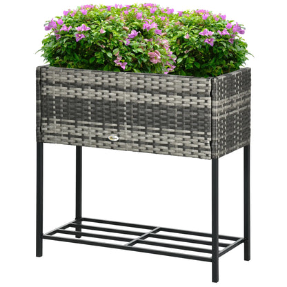 Rattan Raised Garden Box, Elevated Flower Bed with Shelf, Mixed Grey, Grey Plant Stands Mixed Grey, Black at Gallery Canada