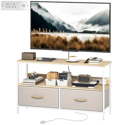 TV Stand With Charging Station, 2 Foldable Drawers, Open Shelf, 47 Inch, Oak