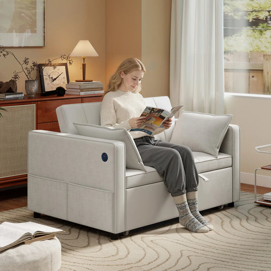 3-In-1 Convertible Sofa Bed, Pull Out Sleeper, Adjustable Backrest, Beige 2-Seater Sofas Beige at Gallery Canada