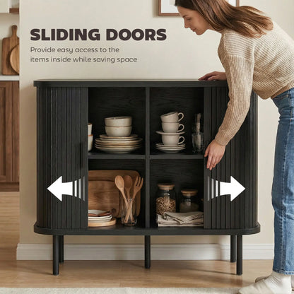 35.4" Sideboard Buffet Cabinet, Slatted Tambour Doors, Metal Legs, Black Storage Cabinets at Gallery Canada