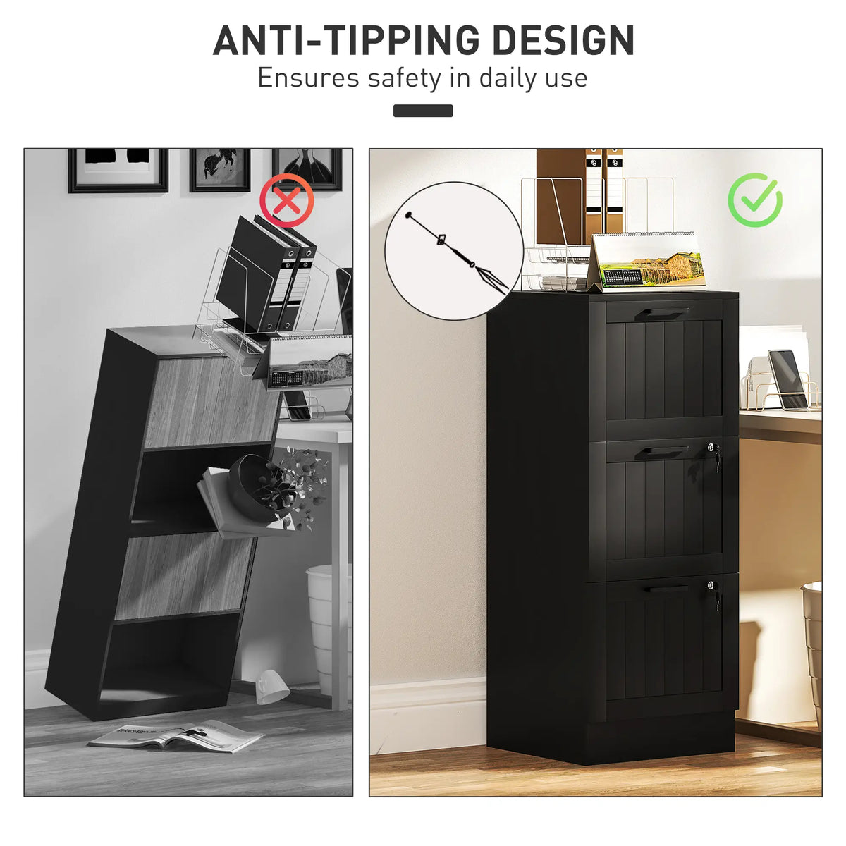 3 Drawer Filing Cabinet with Lock, Adjustable Hanging Bars, Black Office Cabinets & Cupboards at Gallery Canada