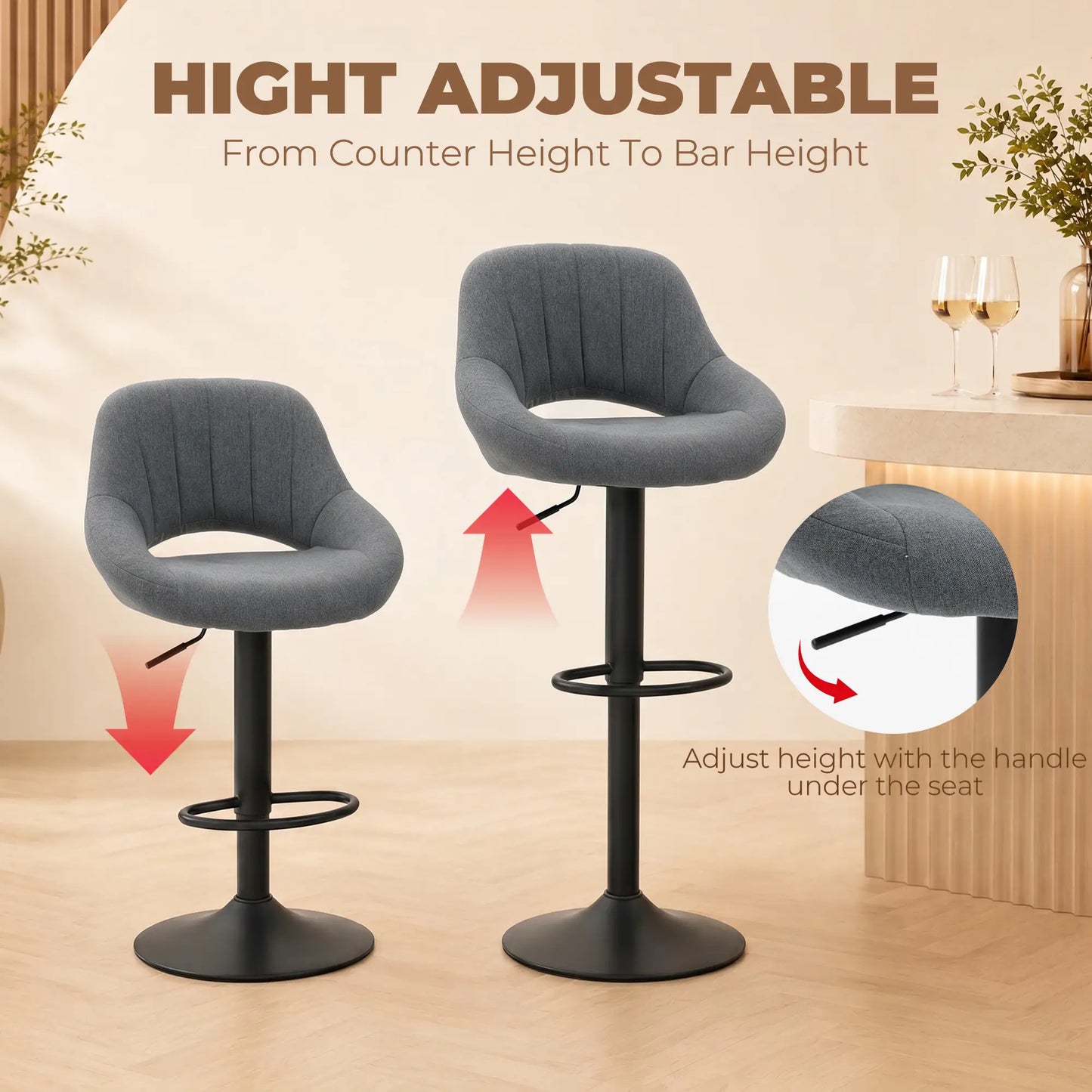 Linen Upholstered Counter Swivel Bar Stools Set of 2, Round Metal Base Bar Stools at Gallery Canada