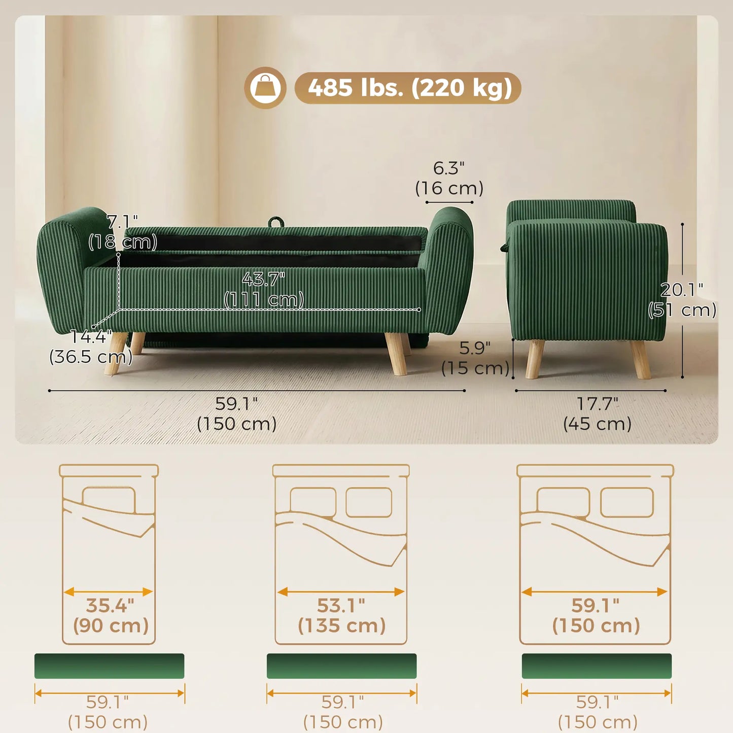 Storage Ottoman, 59" Corduroy Bed Bench, Dark Green Storage Ottomans & Benches at Gallery Canada
