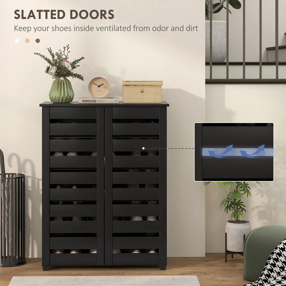 Shoe Storage Cabinet, 2 Slatted Doors, Holds 15 Pairs, Black Shoe Storage Cabinets & Racks at Gallery Canada
