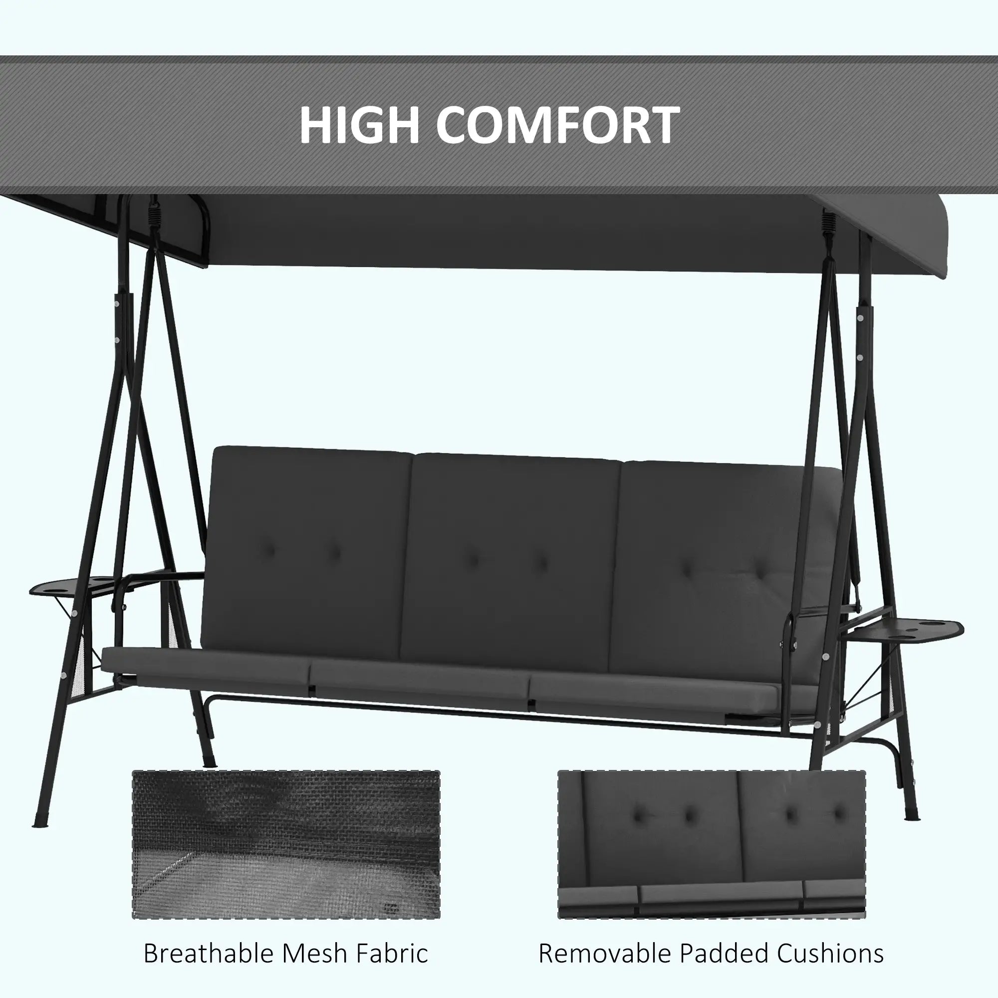 3-Seat Outdoor Swing With Adjustable Canopy, Side Tray, Removable Cushion, Grey Patio Swings with Stand at Gallery Canada