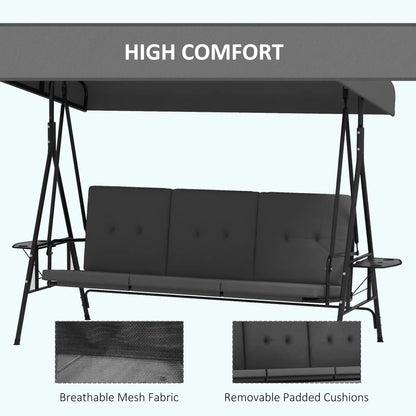 3-Seat Outdoor Swing With Adjustable Canopy, Side Tray, Removable Cushion, Grey Patio Swings with Stand at Gallery Canada