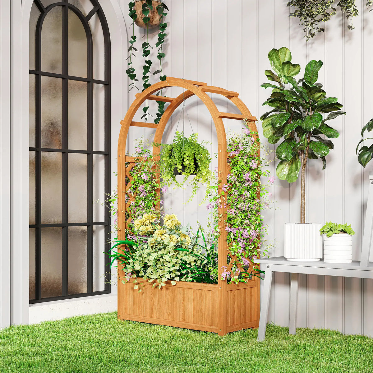 Wooden Raised Garden Bed With Arch Trellis, 33" x 14" x 57", Trellis Planter For Vine Plants Wooden Planter Boxes at Gallery Canada