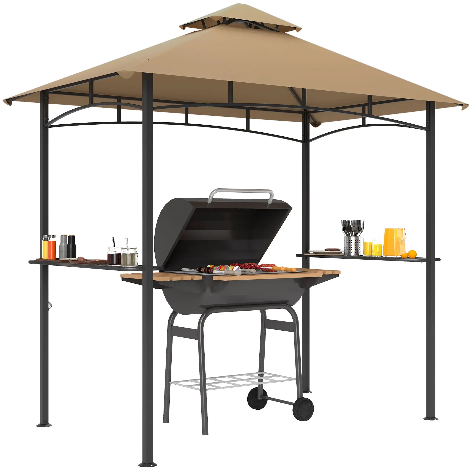8' x 5' BBQ Grill Gazebo Tent, Double Tiered Canopy, Outdoor Sun Shade, Khaki BBQ Grill Gazebos at Gallery Canada