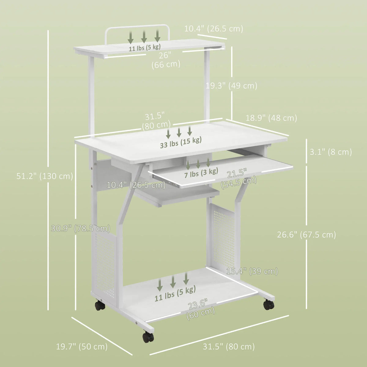 32" Mobile Computer Table, Rolling Study Desk with Keyboard Tray, White Computer Desks at Gallery Canada