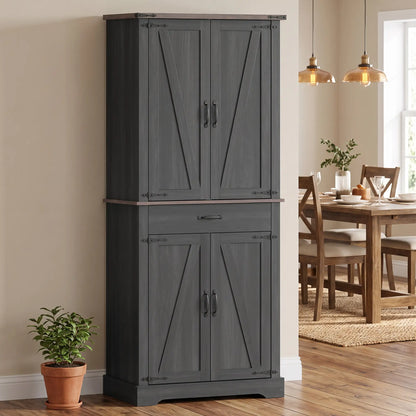 71" Tall Kitchen Cabinet, Farmhouse Pantry with Barn Doors, Drawer, Black Kitchen Pantry Cabinets at Gallery Canada