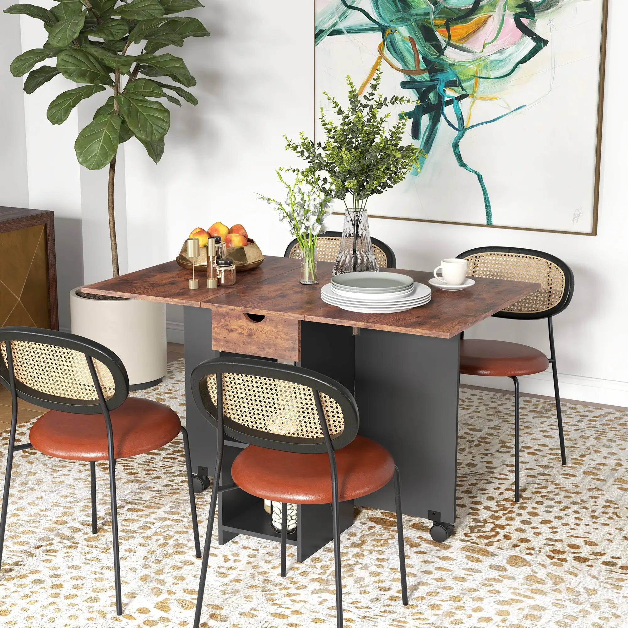 Folding Dining Table, Drop Leaf with Drawer, Shelves, Rustic Brown, Brown Bar Tables & Dining Tables at Gallery Canada