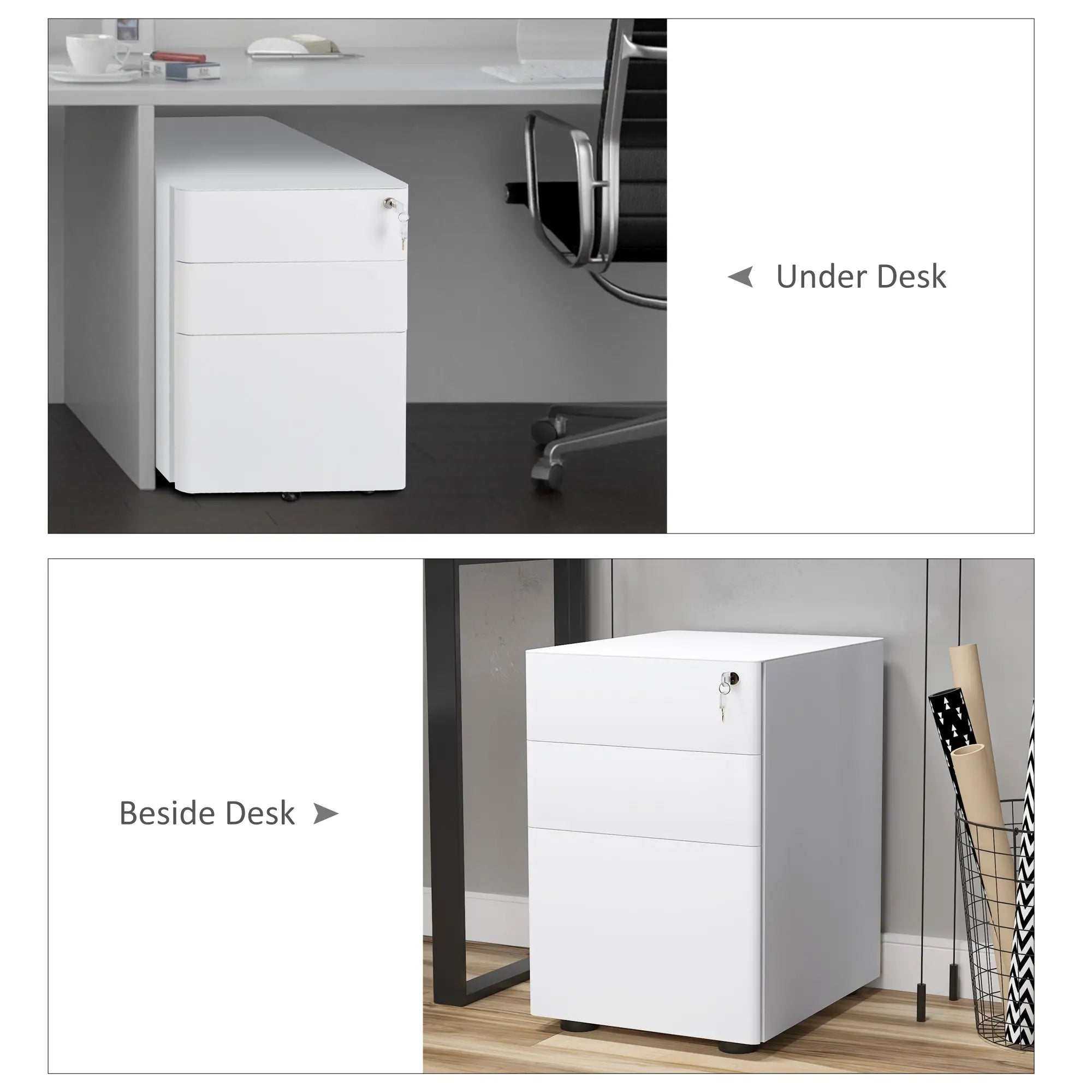 3 Drawer Filing Cabinet, Steel Office Storage with Wheels, Lock, White Office Cabinets & Cupboards at Gallery Canada