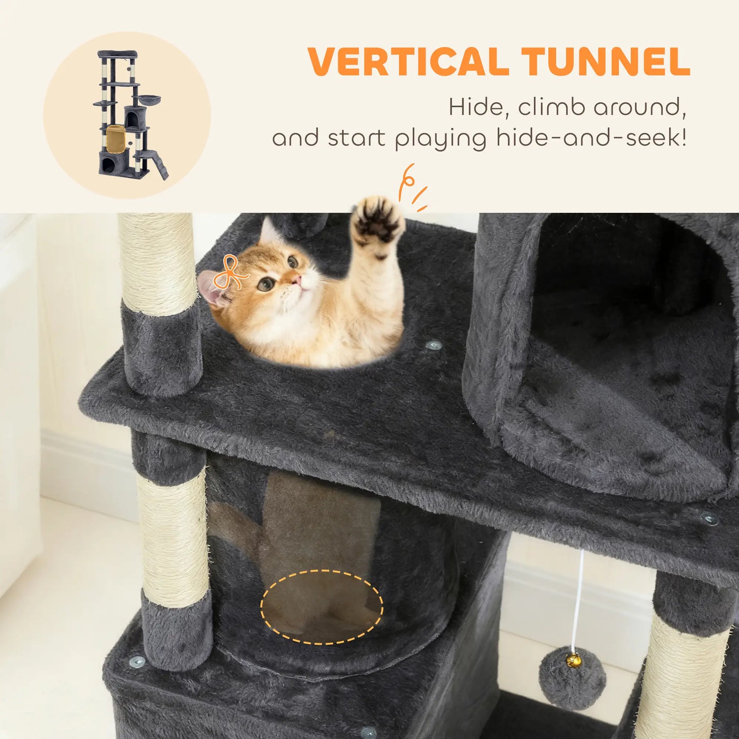 67 Inch Large Cat Tree, 7 Scratching Posts, Tunnel, 2 Condos, Hammock, Dark Grey Cat Towers at Gallery Canada