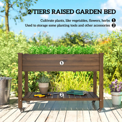 Mobile Raised Garden Bed, Elevated Wood Planter Box, Lockable Wheels, Storage Shelf, Carbonized Elevated Garden Beds at Gallery Canada