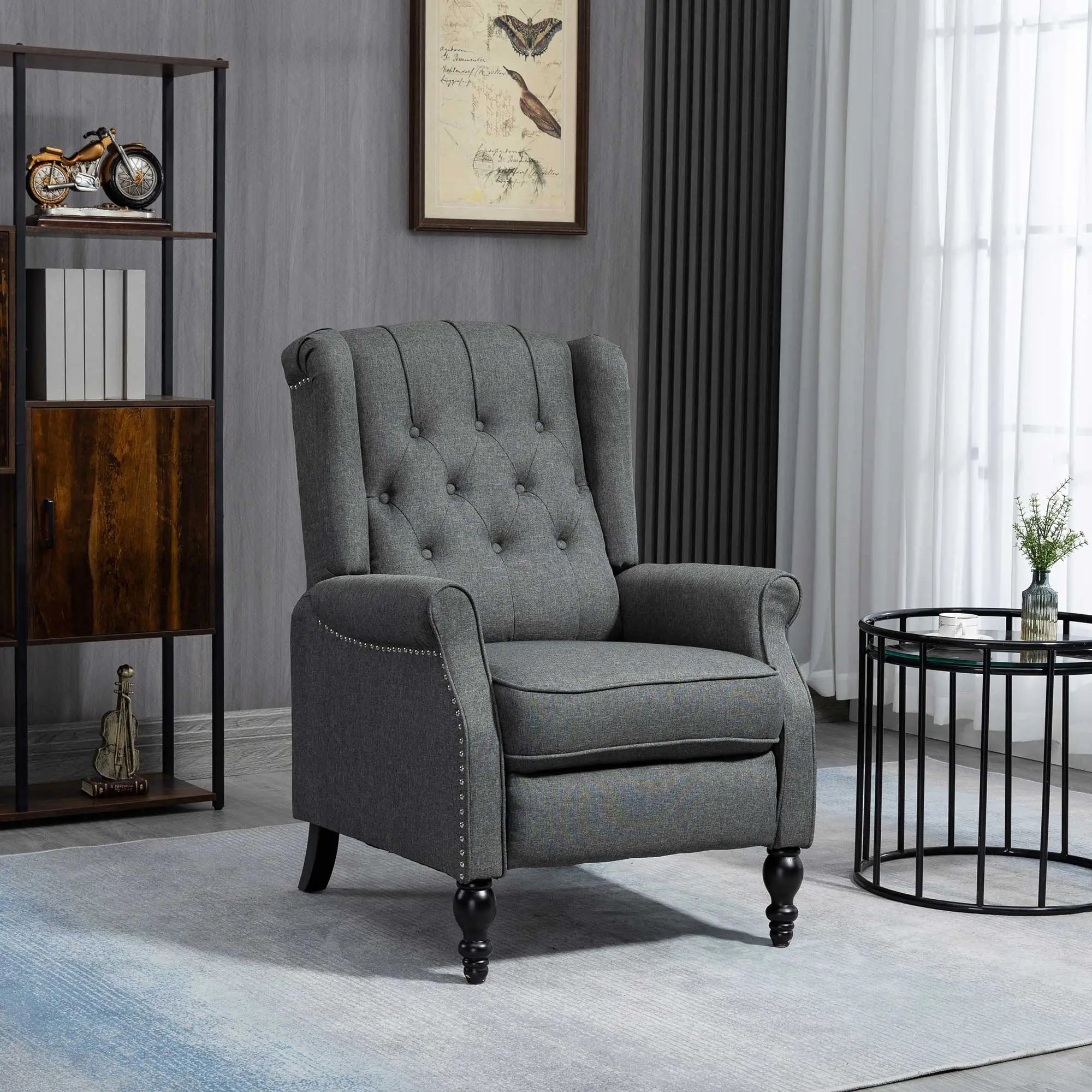 Wingback Reclining Chair with Footrest, Button Tufted, Dark Grey Single Sofas at Gallery Canada