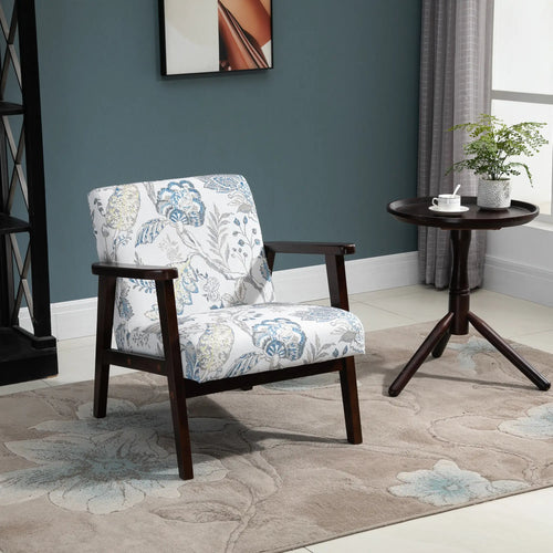 Mid-Century Modern Accent Chair, Retro Fabric Armchair, Wooden Arm, Floral
