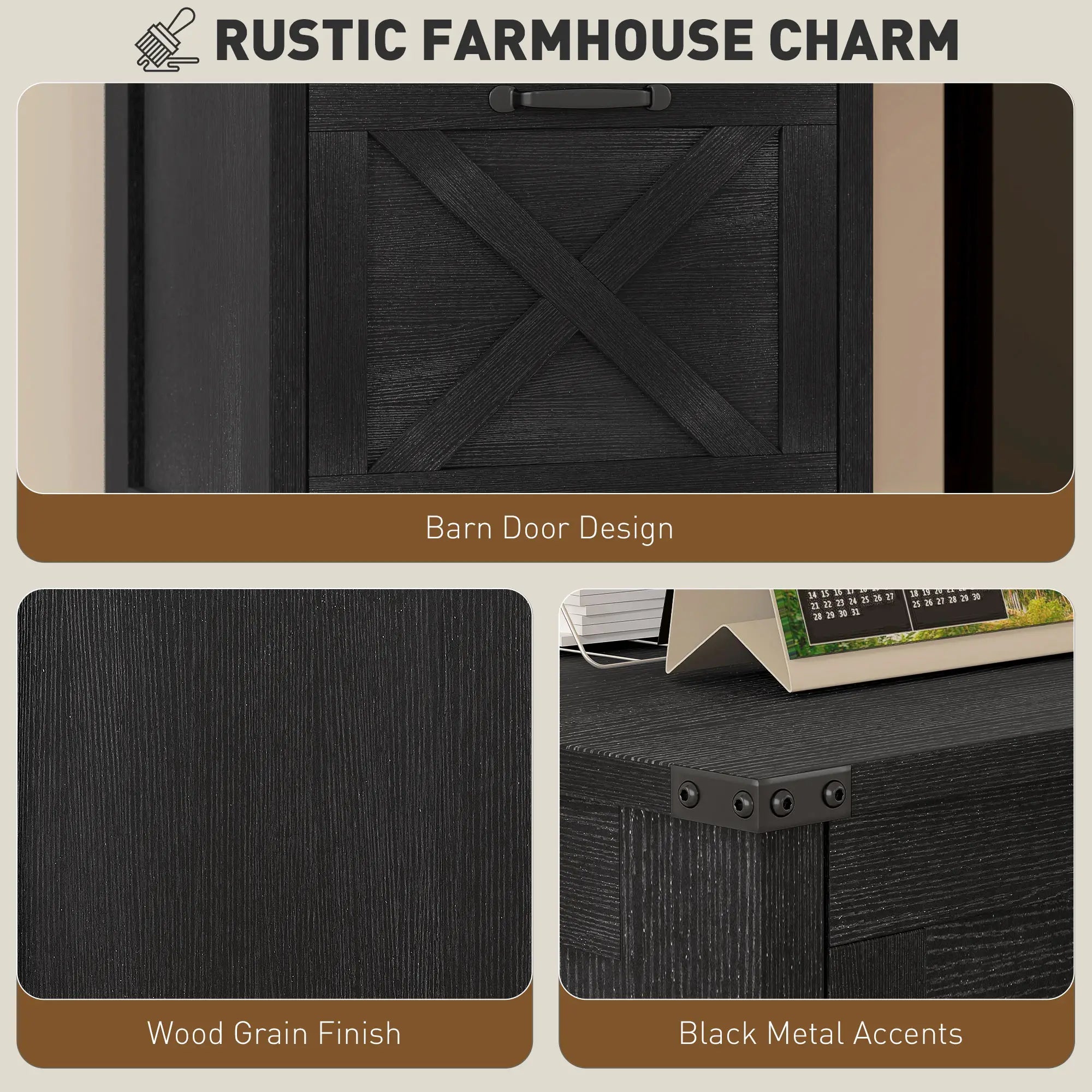Vertical 2-Drawer Filing Cabinet, Rustic Farmhouse, A4 Letter Size, Distressed Black, Black Office Cabinets & Cupboards at Gallery Canada