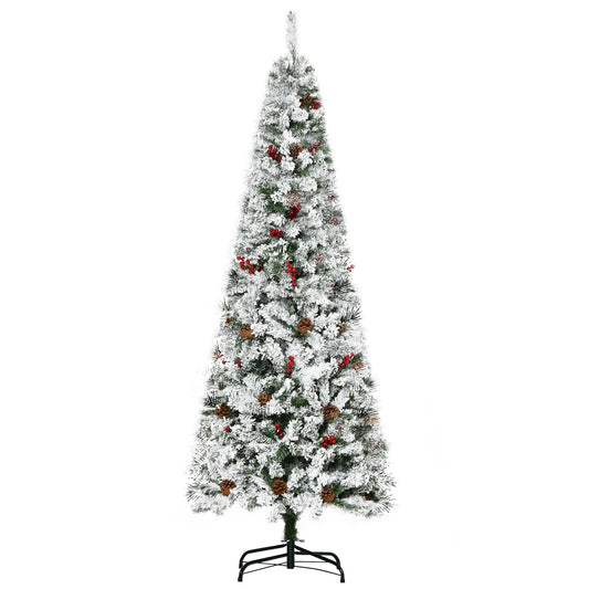 6 Foot Flocked Artificial Christmas Tree, 600 Pine Branches, Pine Cones, Red Berries, Auto Open, Green Pencil Christmas Trees Green, White at Gallery Canada