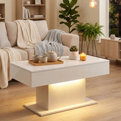 LED Coffee Table with Storage, High Gloss Modern Center Table with 2 Drawers and Remote Control for Living Room, White Coffee Tables at Gallery Canada