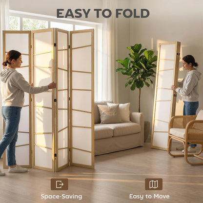 66.9" Folding Room Divider, 4 Panel Wood Frame, Natural Wood Room Dividers at Gallery Canada