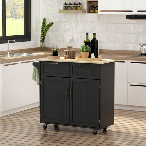 Rolling Kitchen Island, Cart with 2 Drawers, 2 Door Cabinets, Towel Rack, 2-Doors, Black