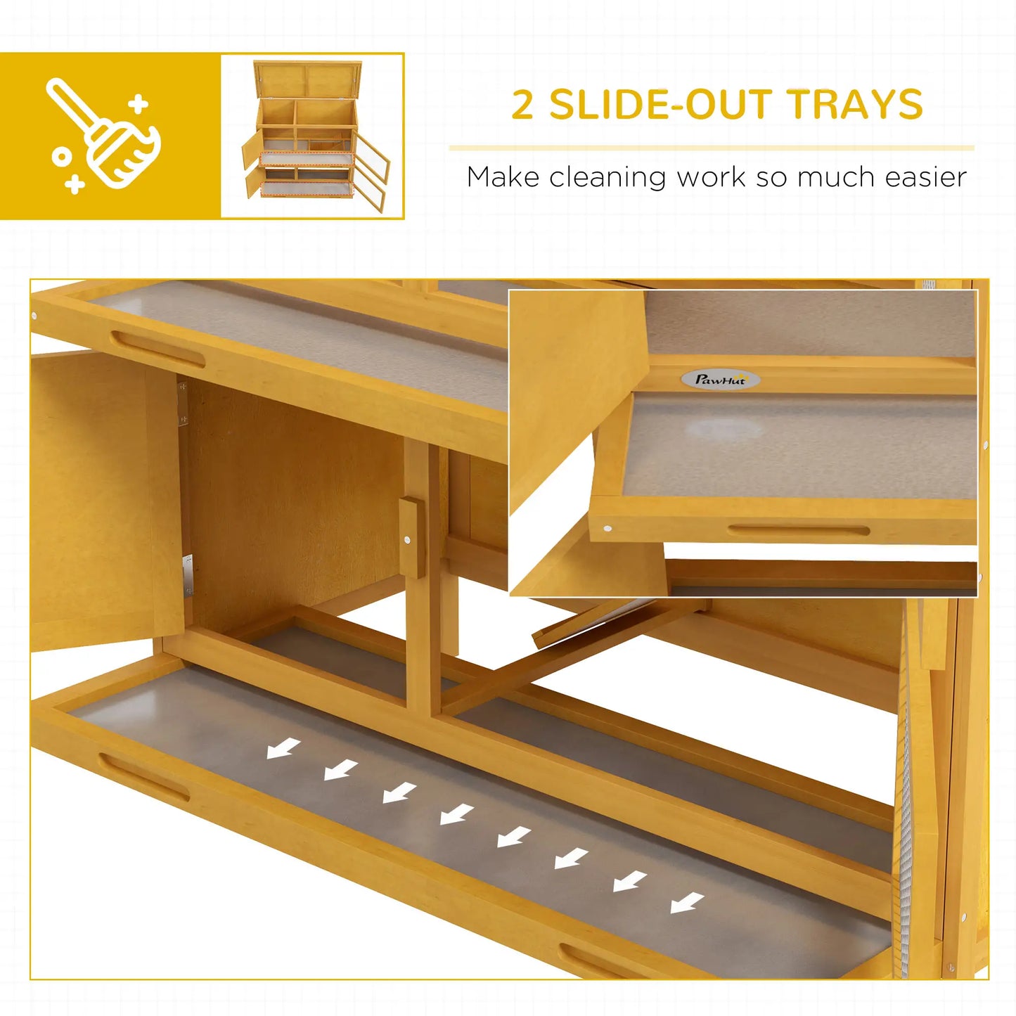 Wood Rabbit Hutch, 2 Large Main House, Ramp, Trays, Yellow Rabbit Hutch at Gallery Canada