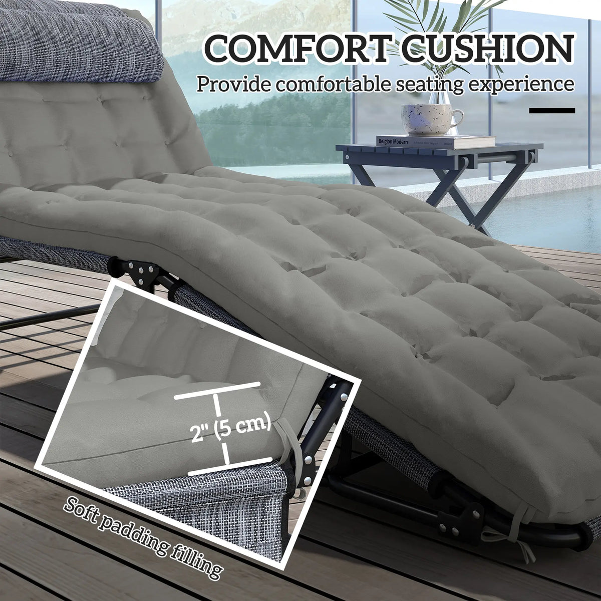 Folding Lounge Chair, 4-Level Reclining Back, Cushion, Grey Lounger Chairs at Gallery Canada