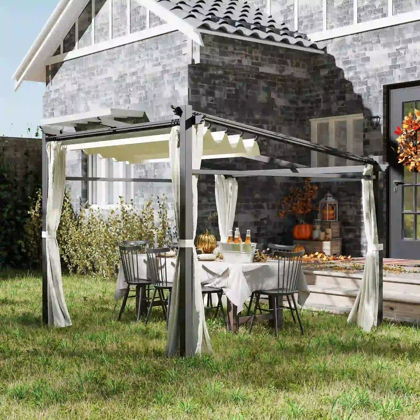 Metal Pergola, Sliding Roof Canopy, Retractable, 10' x 10', Beige Pergolas at Gallery Canada