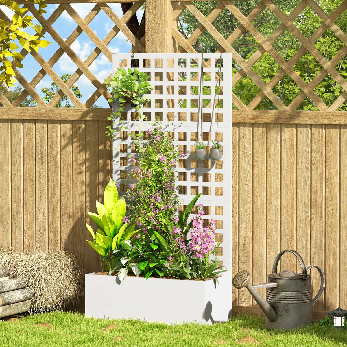 Galvanized Raised Garden Bed Planter Box With Trellis, 35" x 16" x 70", White Galvanized Planter Boxes at Gallery Canada